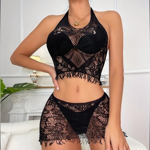 Black Lacey Jacquard Fishnet 2 Piece Halter Lingerie Cover Up - Picture 1 of 5